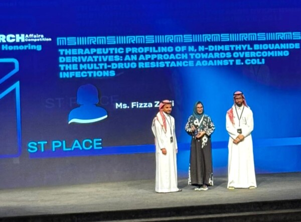 Congratulations to Ms. Fizza Zaidi, MPhil Pharmacology student at the Faculty of Pharmaceutical Sciences, for presenting her research on antimicrobial resistance against E. coli and securing 1st place in the Oral Presentation category.Her achievement took place at MSIR: Saudi International Conference for Pharmaceutical Research and Innovation, held at Hamad Al Jasser Conference Hall, King Saud University, Riyadh, under the supervision of Prof. Dr. Noor Jahan, Dr. Sana Shamim, and Dr. Nadia Naeem.

Relevant SDGs:
SDG 3: Good Health and Well-being
SDG 4: Quality Education
SDG 9: Industry, Innovation and Infrastructure