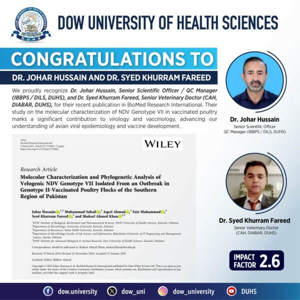 Congratulations to Dr. Johar Hussain, Senior Scientific Officer / QC Manager (IBBPS / DILS, DUHS), and Dr. Syed Khurram Fareed, Senior Veterinary Doctor (CAH, DIABAR, DUHS) on their recent publication in BioMed Research International.Their research, titled "Molecular Characterization and Phylogenetic Analysis of Velogenic NDV Genotype VII Isolated from an Outbreak in Genotype II-Vaccinated Poultry Flocks of the Southern Region of Pakistan," is a significant contribution to the fields of virology and vaccinology. This study enhances our understanding of avian viral epidemiology and supports vaccine development strategies.

Link: https://www.researchgate.net/publication/391267253_Molecular_Characterization_and_Phylogenetic_Analysis_of_Velogenic_NDV_Genotype_VII_Isolated_From_an_Outbreak_in_Genotype_II-Vaccinated_Poultry_Flocks_of_the_Southern_Region_of_Pakistan

Impact Factor of 2.6

Aligned SDGs:
SDG 3: Good Health and Well-being
SDG 9: Industry, Innovation and Infrastructure
SDG 12: Responsible Consumption and Production