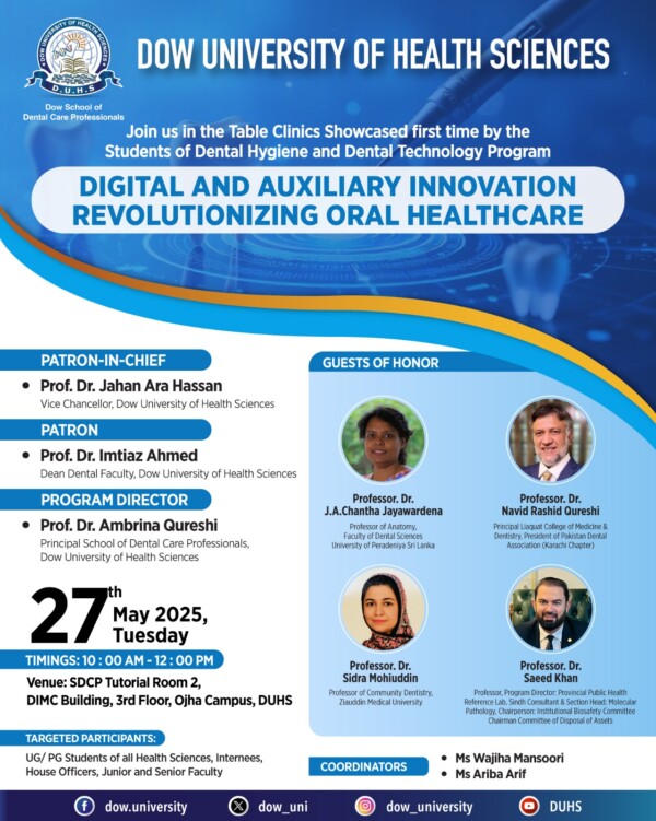 Dow School of Dental Care Professionals presents "Digital and Auxiliary Innovation: Revolutionizing Oral Healthcare", a pioneering Table Clinic showcase by students of Dental Hygiene and Dental Technology.Join us on Tuesday, 27th May 2025, from 10:00 AM to 12:00 PM at SDCP Tutorial Room 2, DIMC Building, Ojha Campus, to explore the future of oral health through innovation and education.

Targeted Participants: UG/PG Health Sciences students, Internees, House Officers, Junior & Senior Faculty

Relevant Sustainable Development Goals (SDGs):
SDG 3: Good Health and Well-being
SDG 4: Quality Education
SDG 9: Industry, Innovation, and Infrastructure